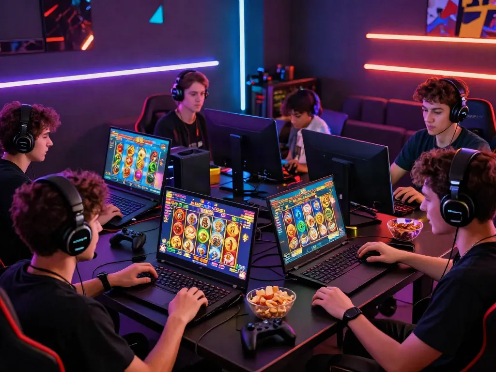 Engaged players enjoying slot online games on laptops in a lively gaming setup.