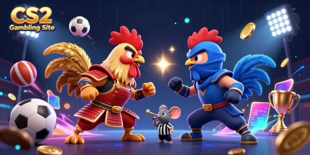 A vibrant illustration of a CS2 Gambling Site showcasing dramatic fighting roosters and dynamic sports elements.
