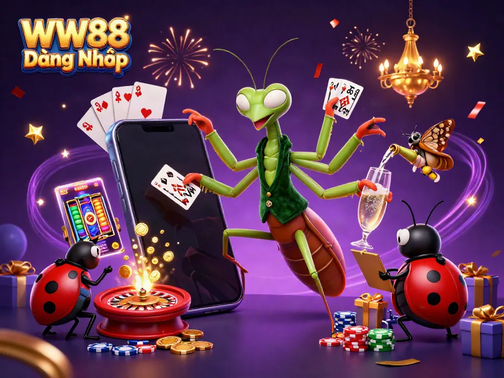 Engage with WW88 Đăng Nhập while winning at vibrant slots and casino games in an illustrated scene.