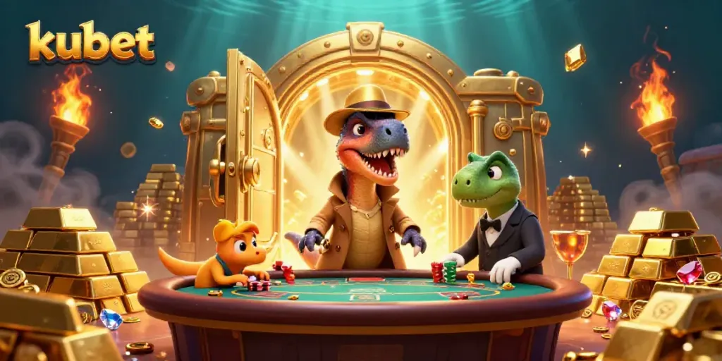 Engaging illustration of kubet, showcasing a velociraptor card counter and casino elements in action.