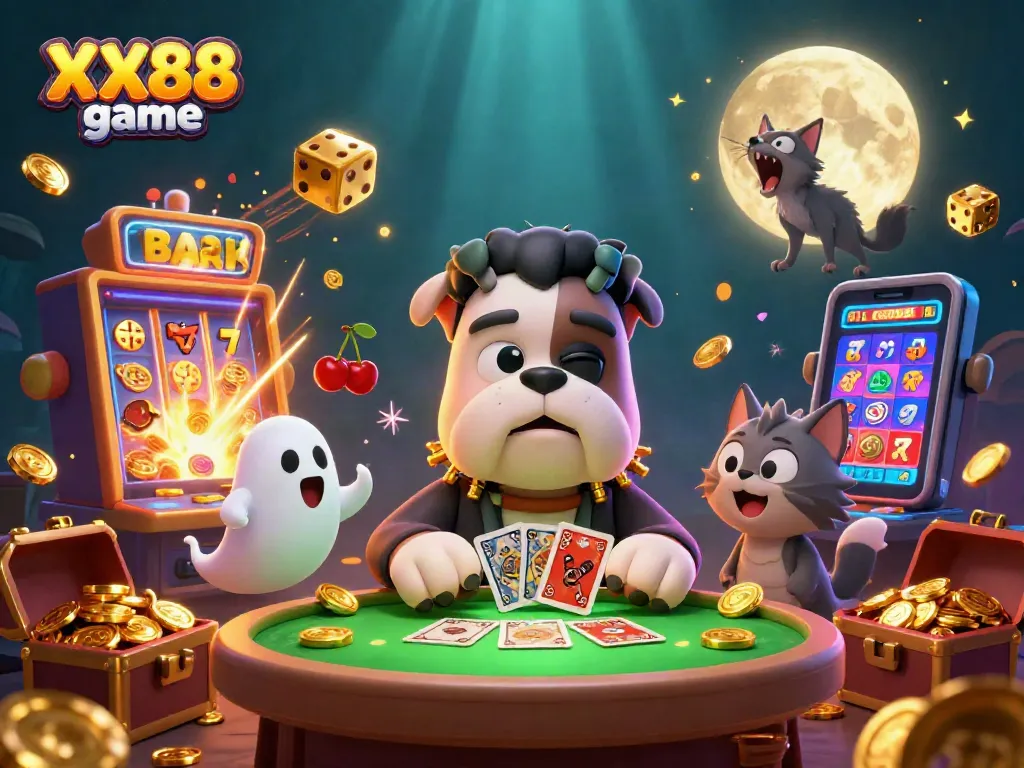Engage with the vibrant XX88 game scene featuring a Frankenstein bulldog dealer amidst casino excitement, captivating visuals.