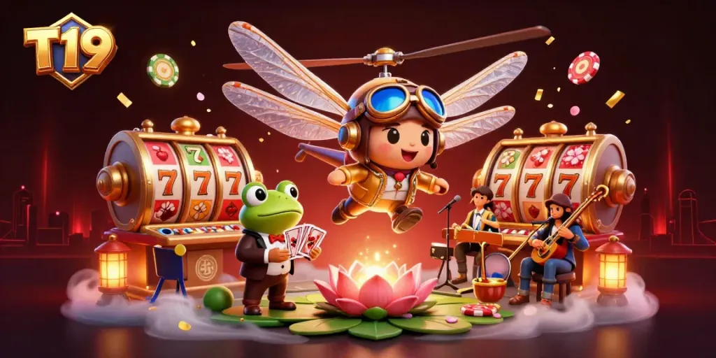 Experience excitement at T19 casino with a dragonfly pilot, frog dealer, and vibrant gaming elements.