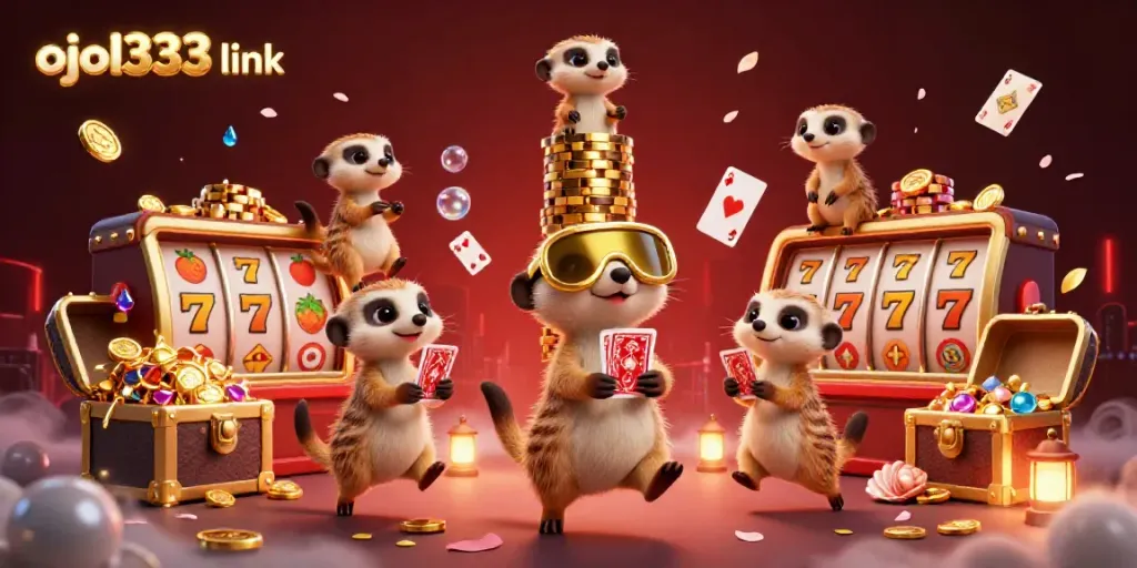 Experience winning thrills at ojol333 link with cartoon meerkats managing a vibrant casino scene full of excitement.