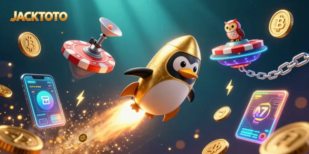 Experience excitement with JACKTOTO while navigating a vibrant casino space scene filled with treasures.