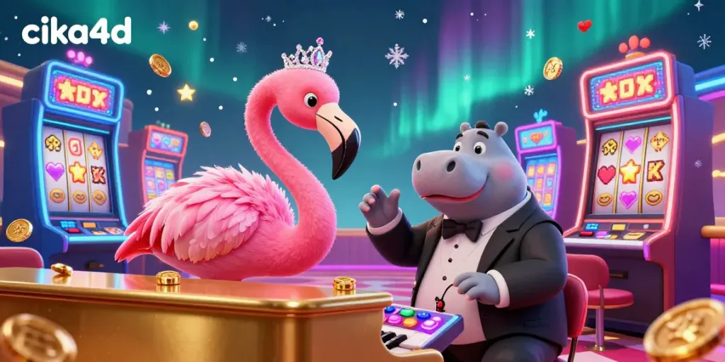 Engage with cika4d's vibrant casino scene featuring a flamingo singer, hippo bassist, and dynamic slot machines.