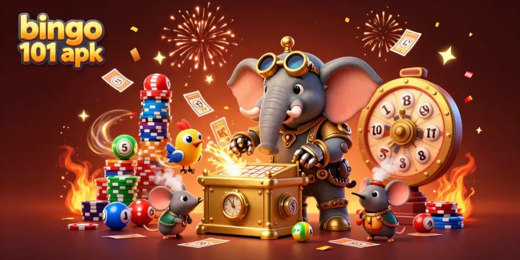 Gambarkan pengalaman menarik dengan bingo 101 apk melalui ilustrasi 3D yang dinamis dengan elemen bingo.