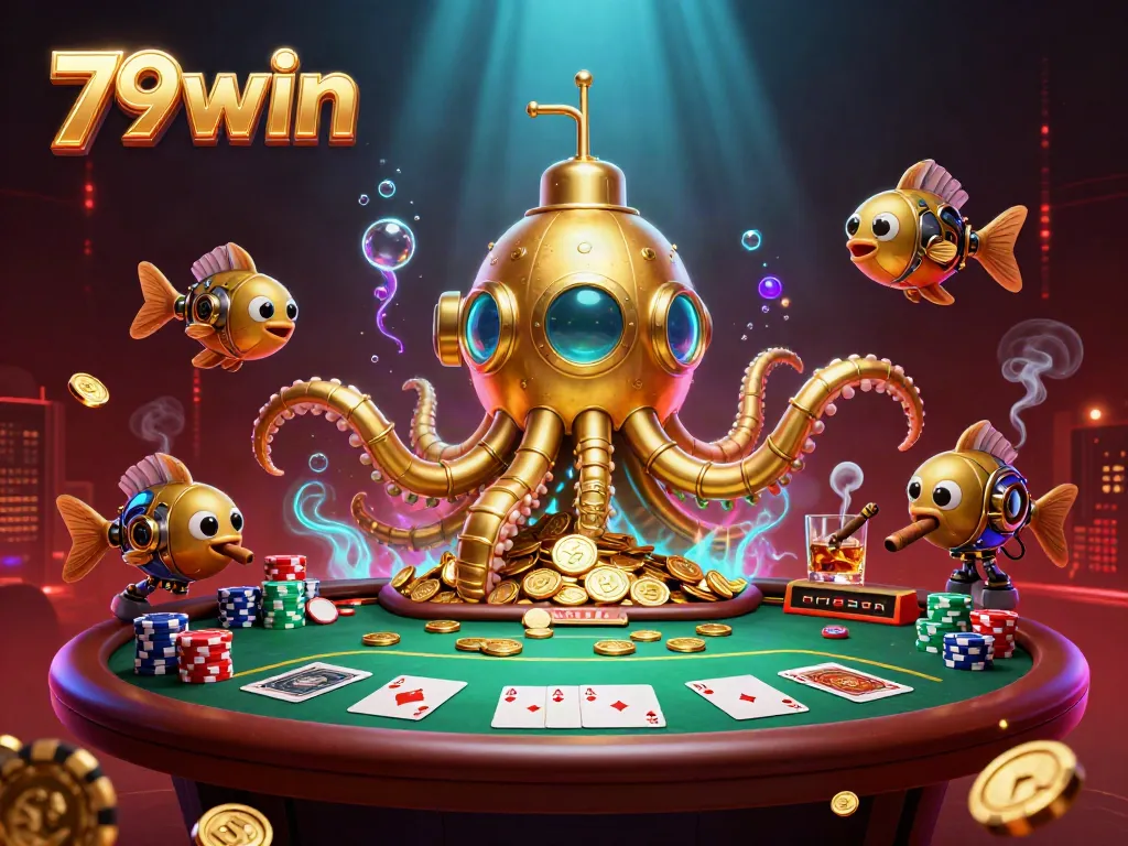 Engage in thrilling poker action with 79win's underwater casino adventure featuring a golden kraken and gold coins.