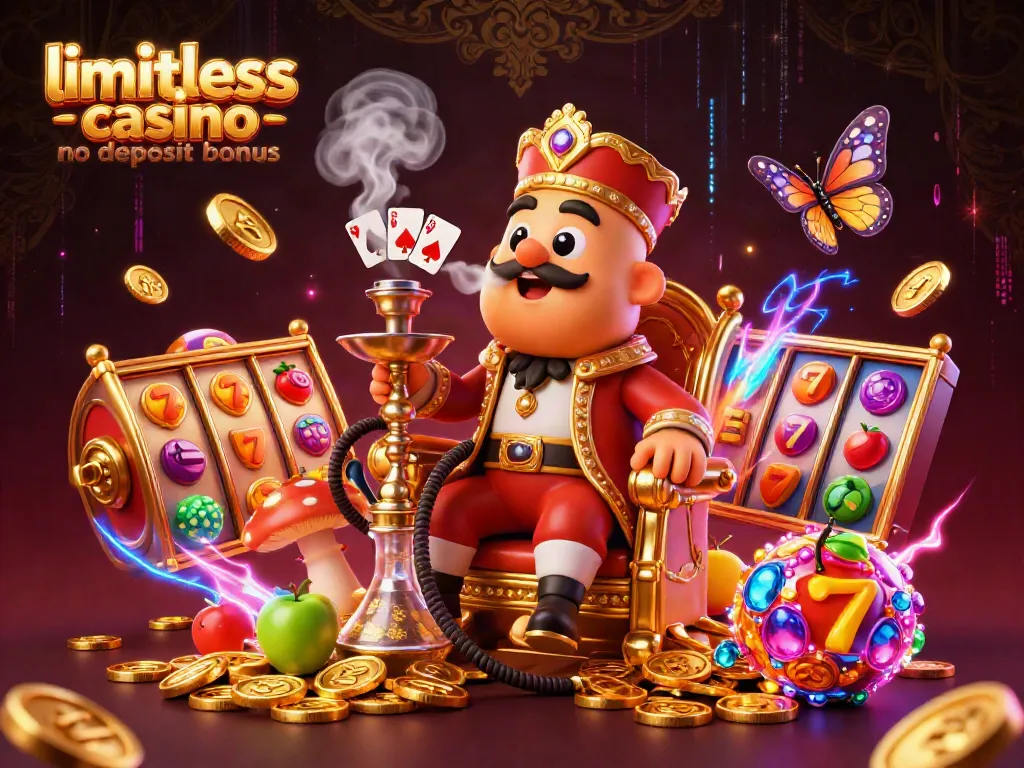 Experience the limitless casino no deposit bonus with a colorful 3D cartoon illustration featuring vibrant slots and poker symbols.