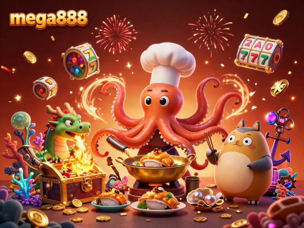 Mega888 menang besar dengan harta karun laut dan simbol permainan slot berkilauan.