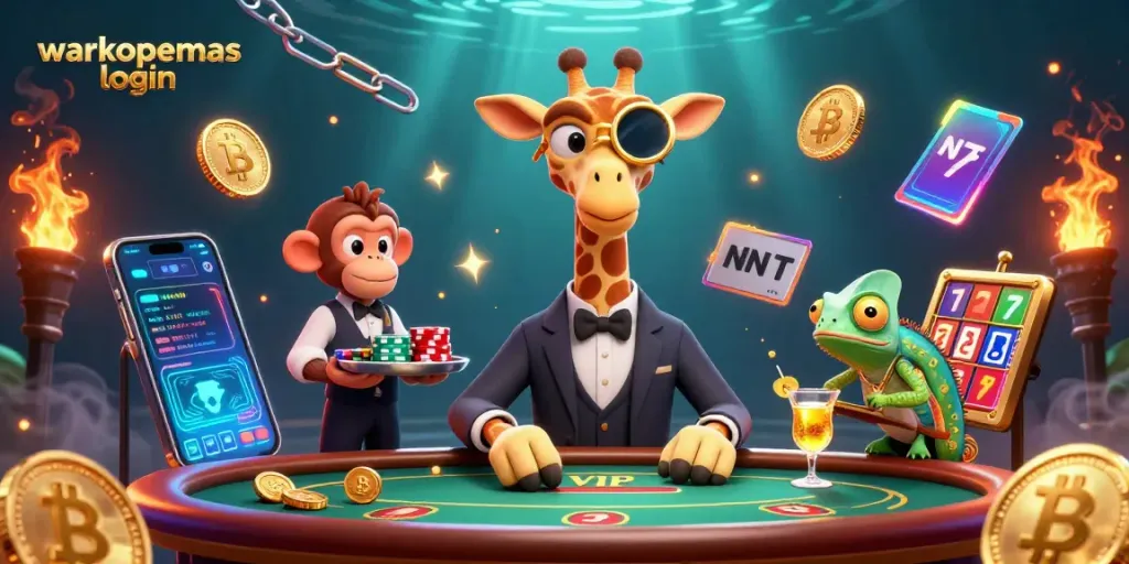 Login warkopemas dengan karakter unik dalam ilustrasi kasino yang penuh warna dan detail