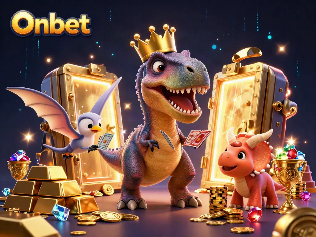 Onbet offers a lively casino experience featuring games as a T-Rex shuffles cards with friends.