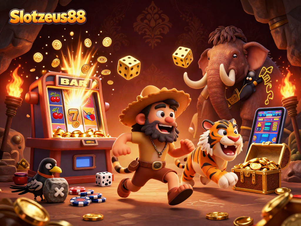 Experience the excitement of Slotzeus88 with dynamic characters and vibrant casino action in a 3D illustration.