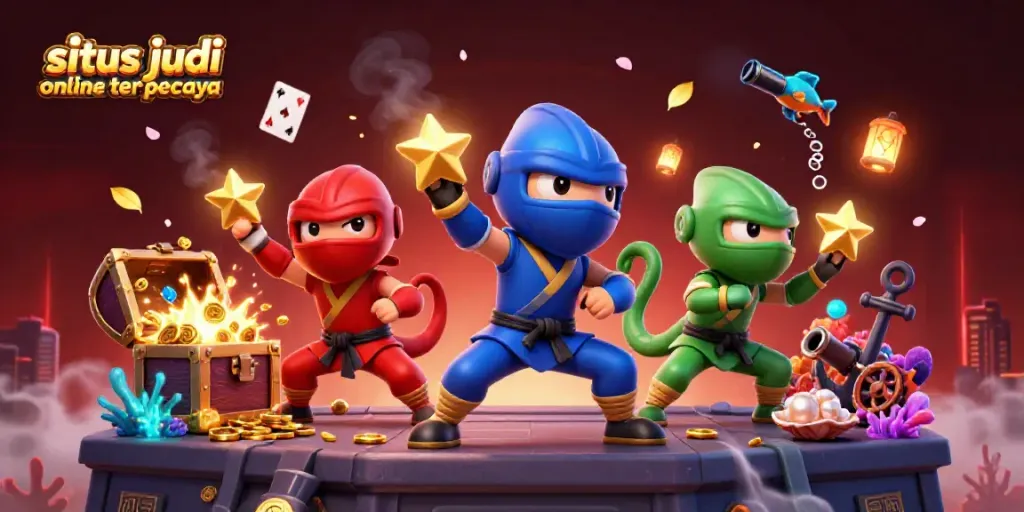 Performa sinergis dari tim ninja chameleon dalam kasino online, situs judi online terpercaya, dikelilingi perhiasan dan koin emas.