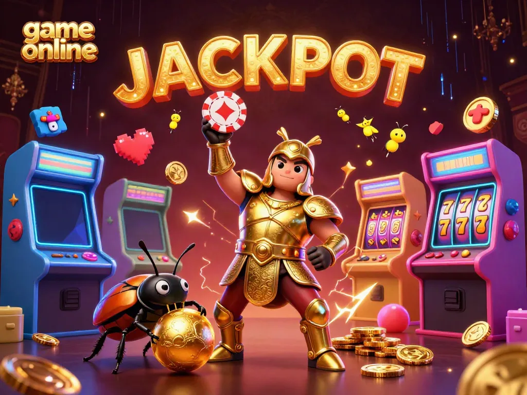 Experience thrilling game online action with a victorious beetle lifting poker chips amidst jackpot symbols.