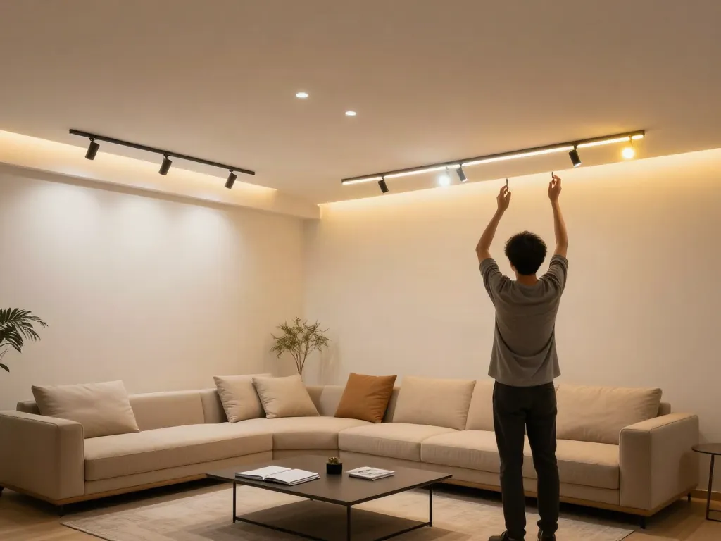 Spoturi și proiector LED pe sina magnetică într-un interior elegant, bizar complet de servicii locale.