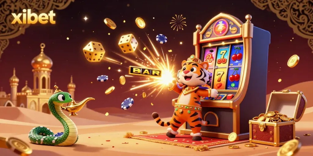 Xibet and casino thrills collide with the tiger sultan on a flying carpet in a vibrant 3D jackpot scene.