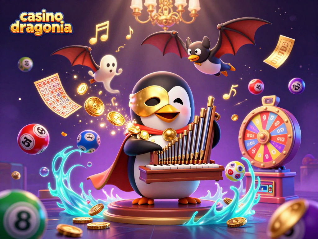 Jouer avec le casino dragonia: Un pingouin fantôme au piano, pièces dorées et éléments ludiques.