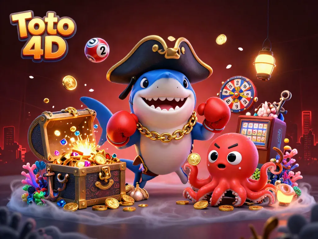 Toto 4D menangkap suasana imersif dengan hiu kartun dan karakter menarik di lingkungan bawah laut.
