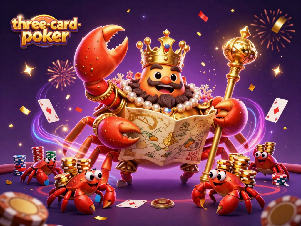 Experience three-card-poker action with dynamic chips and cards in a festive casino setting.