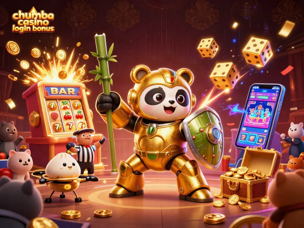 Spin and win with the Chumba Casino login bonus, featuring animated panda and casino elements.