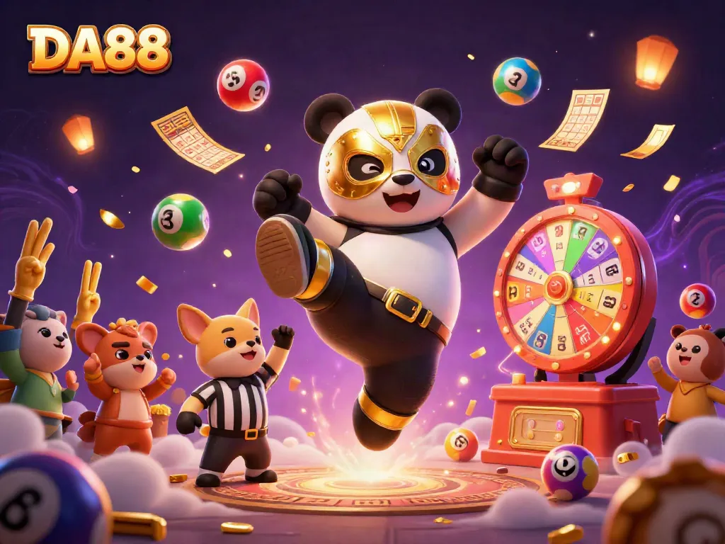 Experience the thrill of DA88 as a wrestler panda kicks amidst colorful lottery elements and a lively animal crowd.