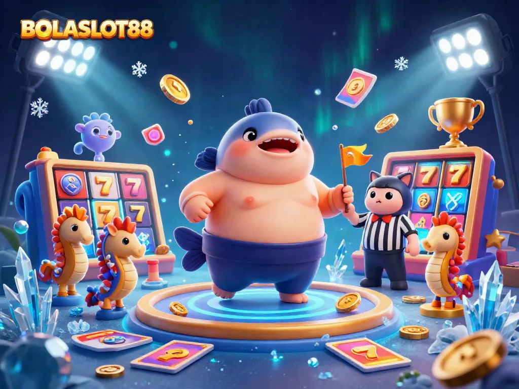 BOLASLOT88 brings vibrant action with a fugu blowfish referee, slot reels, and seahorse fans in an underwater ring.