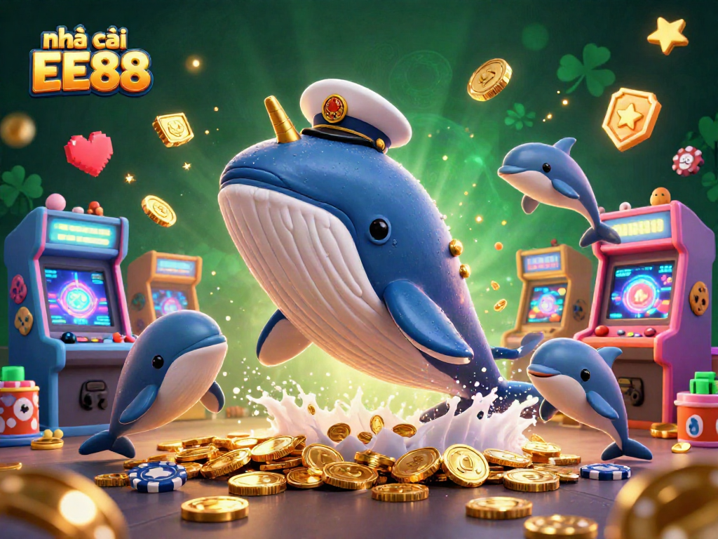 Experience house thrills with nhà cái EE88 as a cartoon whale breaching through coins showcases the adventure!