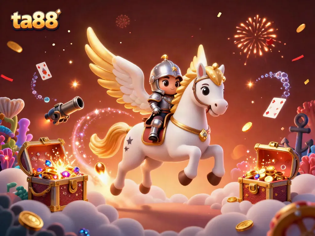 Experience exciting casino action with ta88 as a knight rides a celestial horse amidst treasures and colorful cards.