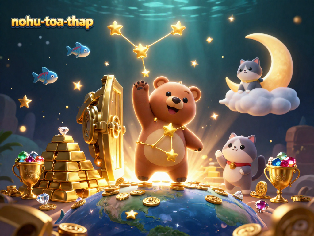 Spin and win in nohu-toa-thap as the constellation bear scoops coins amidst treasure bursts.