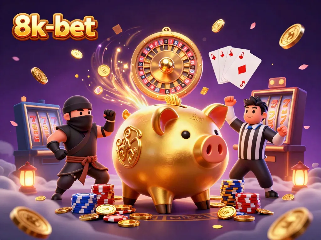 Experience the excitement at 8k-bet with a dynamic illustration of casino characters surrounded by gold coins and gaming elements.