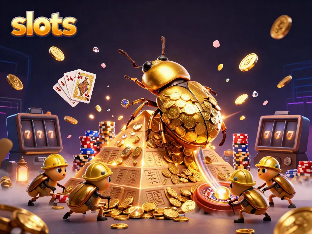 Experience thrilling slots action with golden beetles and dazzling casino elements in this vibrant illustration.