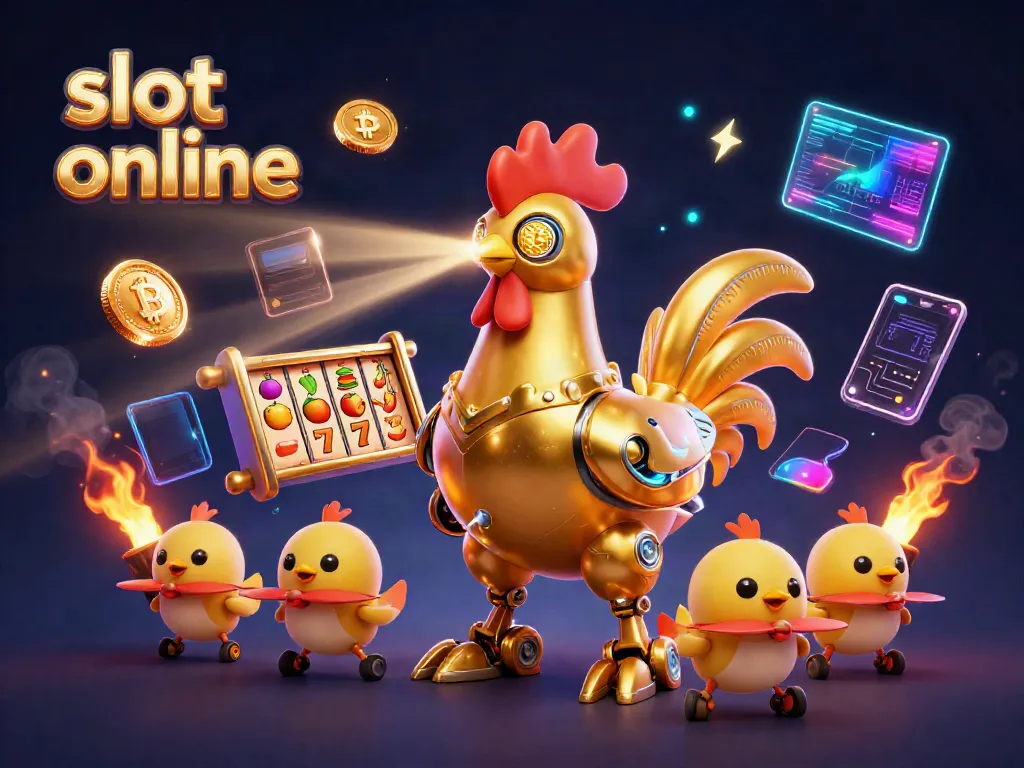 Menangkan jackpot di slot online dengan robot ayam emas dan drone bayi, dikelilingi koin cryptocurrency.