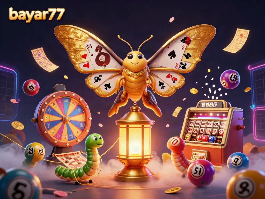 Engage in thrilling gameplay with bayar77, featuring vibrant lottery balls and a majestic moth in an online casino scene.