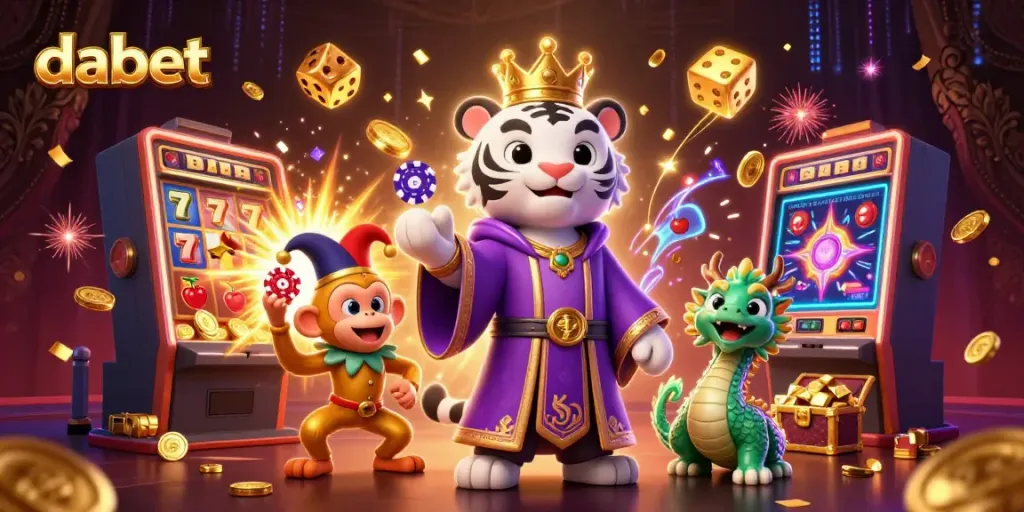 Experience excitement with dabet through a vibrant 3D promotional casino scene featuring dynamic characters and elements.