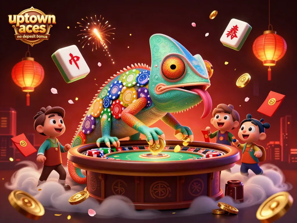 Engage with the uptown aces no deposit bonus in this vibrant casino scene with a dynamic chameleon owner.