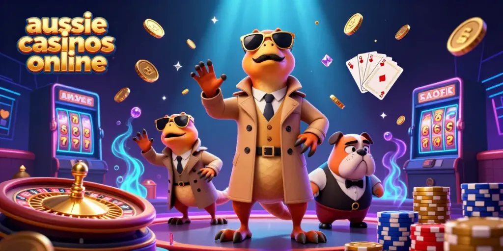 Engaging scene of raptors in trench coat entering an Aussie casino, showcasing casino elements.