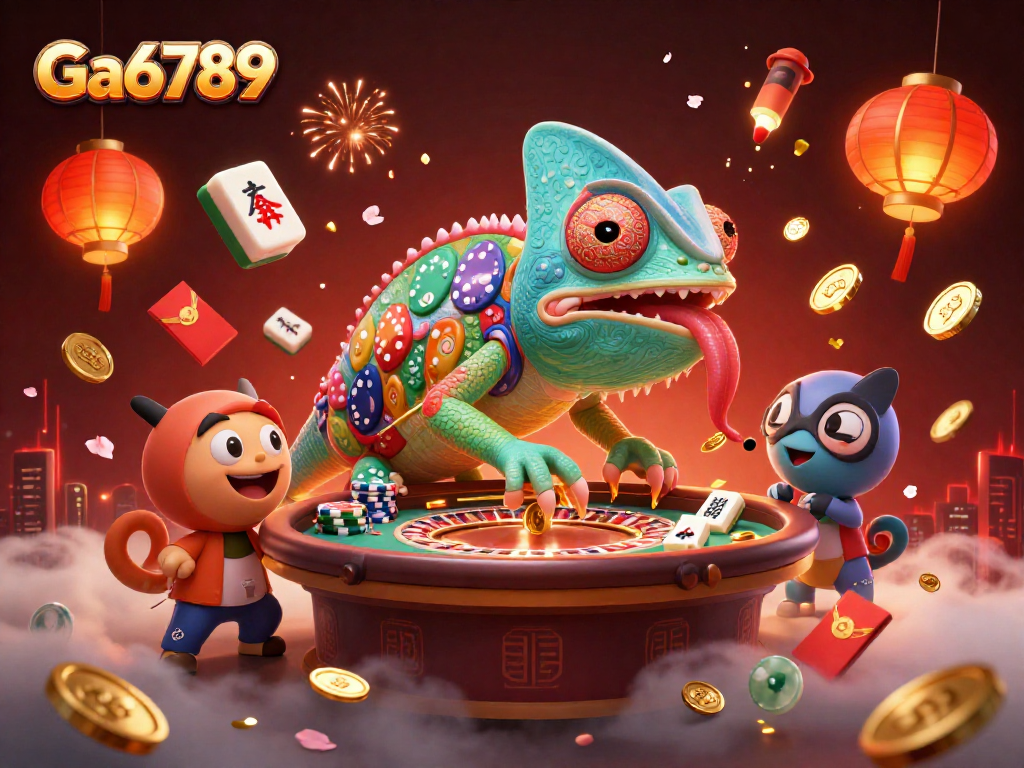 Experience thrilling action with Ga6789's cartoon chameleon casino owner capturing golden coins in a vibrant gaming atmosphere.