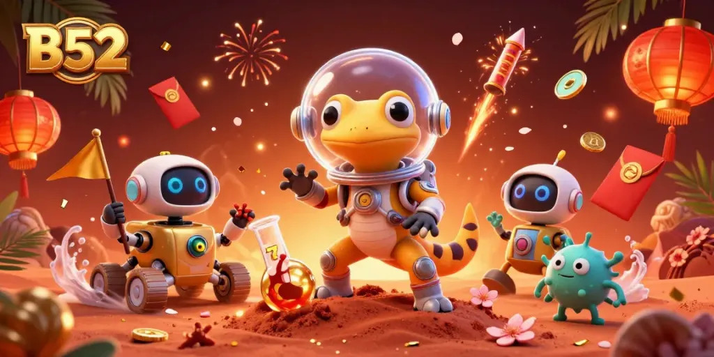 Experience B52 thrills in a vibrant Martian casino scene with spinning slots and festive elements.