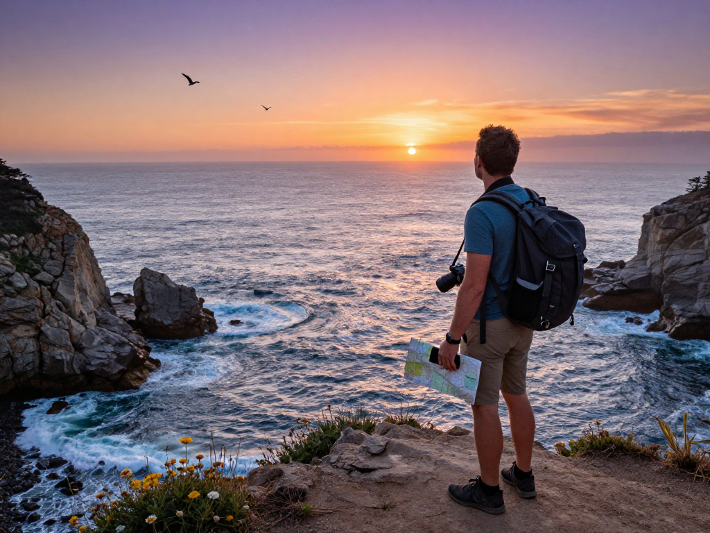 Traveler menikmati pemandangan indah di tepi pantai dengan sunset, bos88 dalam perjalanan petualangan.