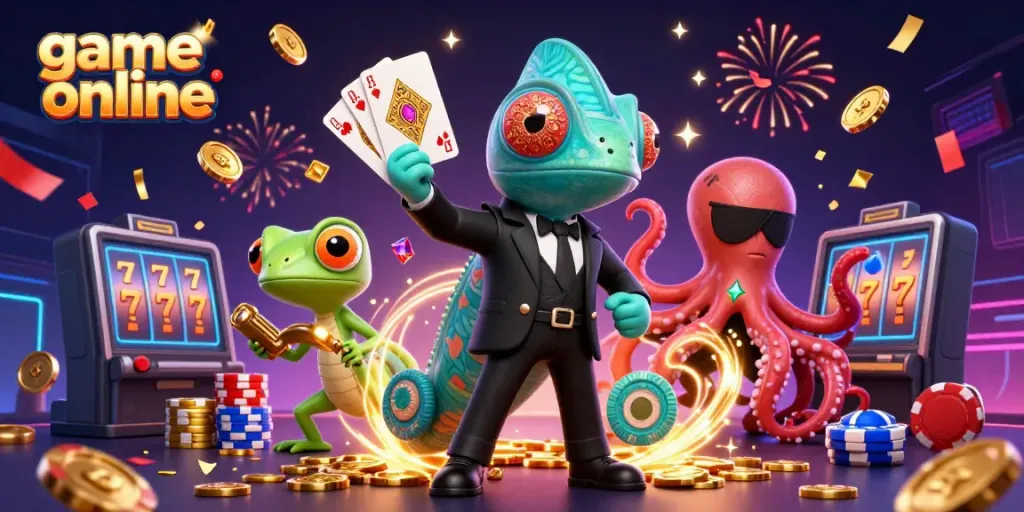 Experience game online with a vibrant scene of a chameleon, gecko, and octopus celebrating in a casino.