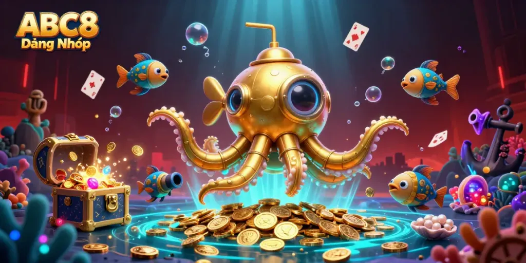 Experience the thrilling ambiance of ABC8 Đăng Nhập with vibrant underwater casino symbols, golden coins, and captivating 3D elements.