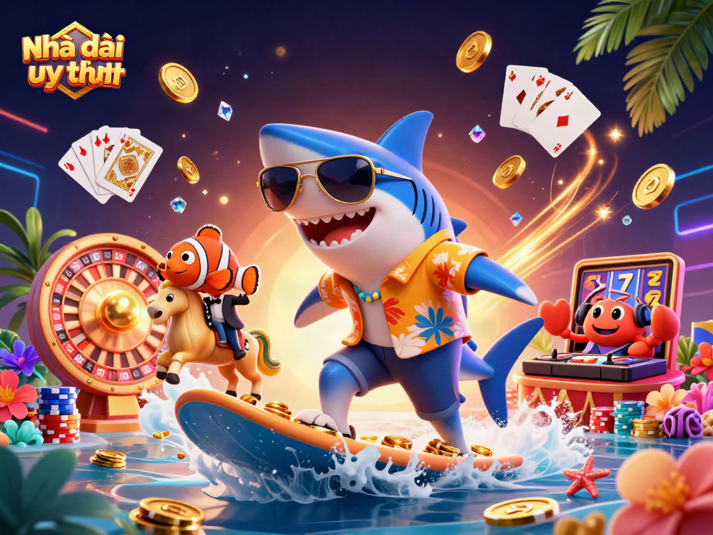 Engage with Nhà cái uy tín through a dynamic 3D illustration showcasing vibrant casino elements and characters.
