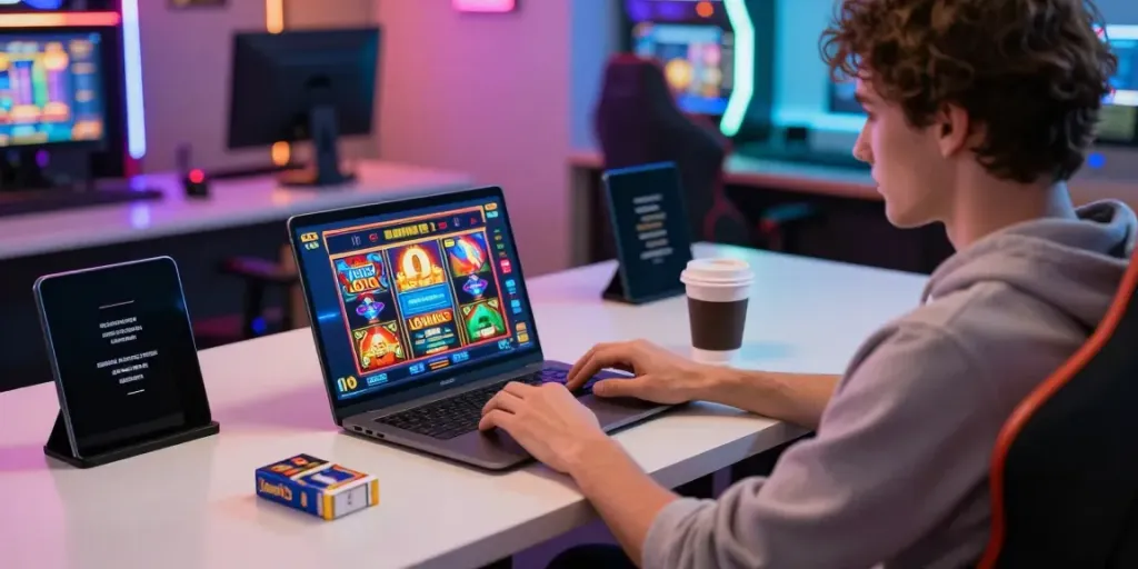 Engaged player enjoying Luxury12 slot games in a cozy, colorful gaming setup.