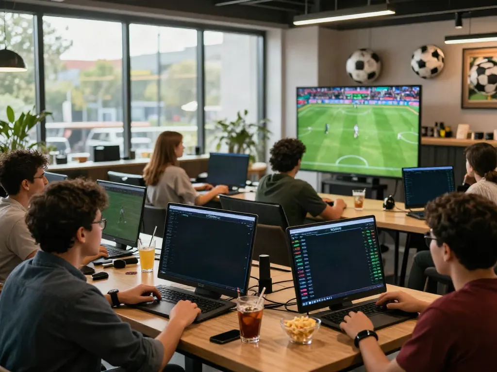 Engaged bettors at WWBOLA watching a live soccer match with high odds.
