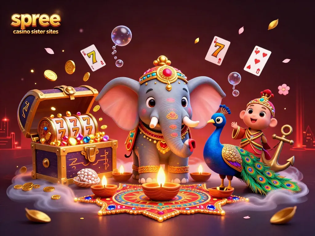 Engage with the vibrant world of spree casino sister sites, showcasing colorful characters and slot game elements.