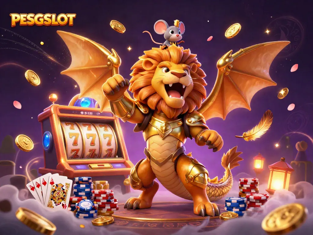 PESGSLOT showcases an epic 3D chimera and mouse jockey amidst cascading gold coins and slot machine action.