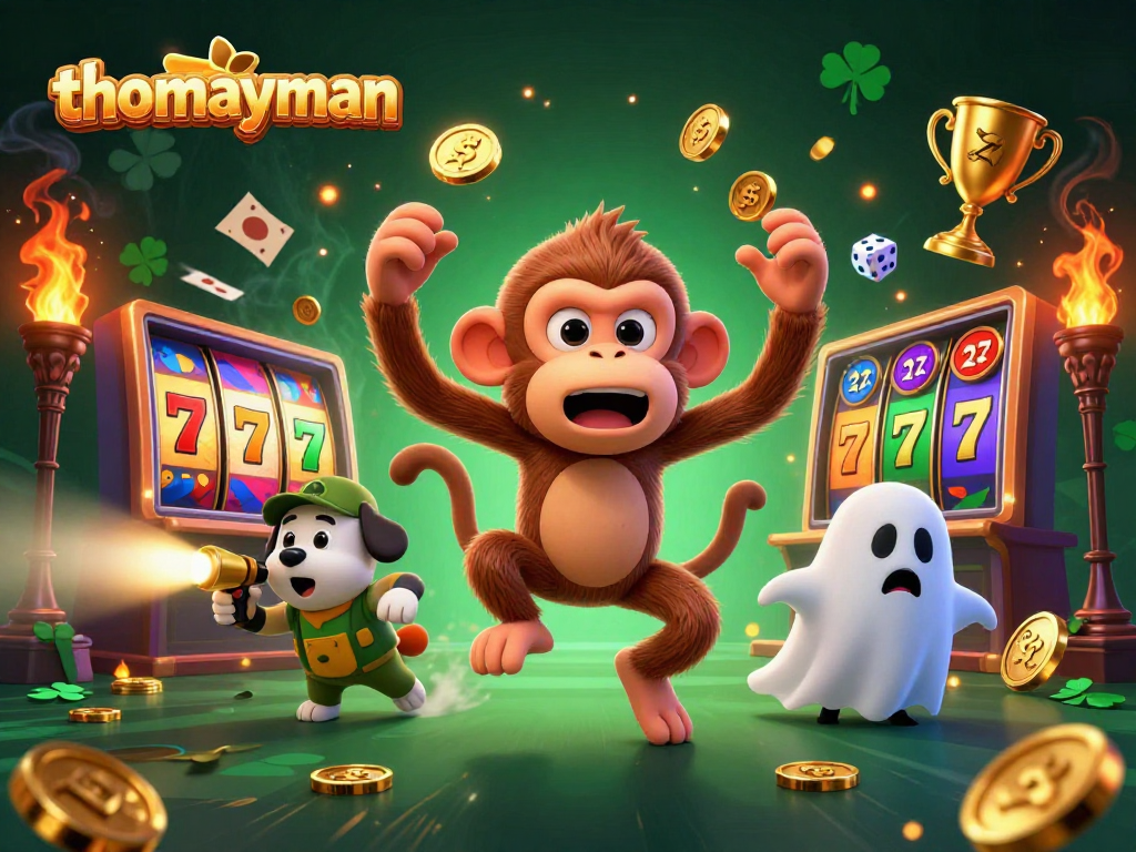 thomayman showcases an energetic 3D casino scene with a mischievous monkey and ghost-hunting puppy.