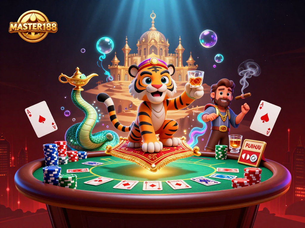 Bet on excitement with MASTER188's vibrant casino scene featuring a tiger sultan on a flying carpet.