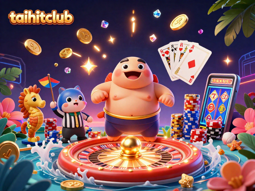Experience dynamic gaming excitement at taihitclub with a cartoon blowfish in an action-packed casino scene.