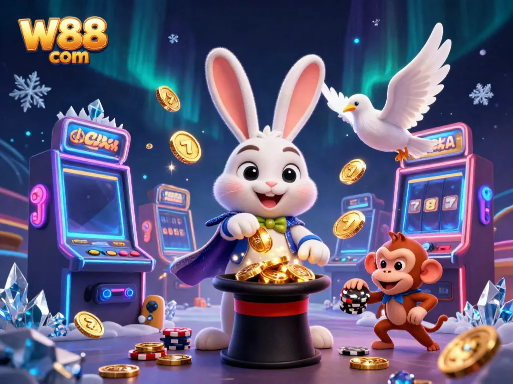 Engage with thrilling gaming experiences at W88 com, featuring a 3D magician rabbit with coins, slot machines, and vibrant gaming visuals.